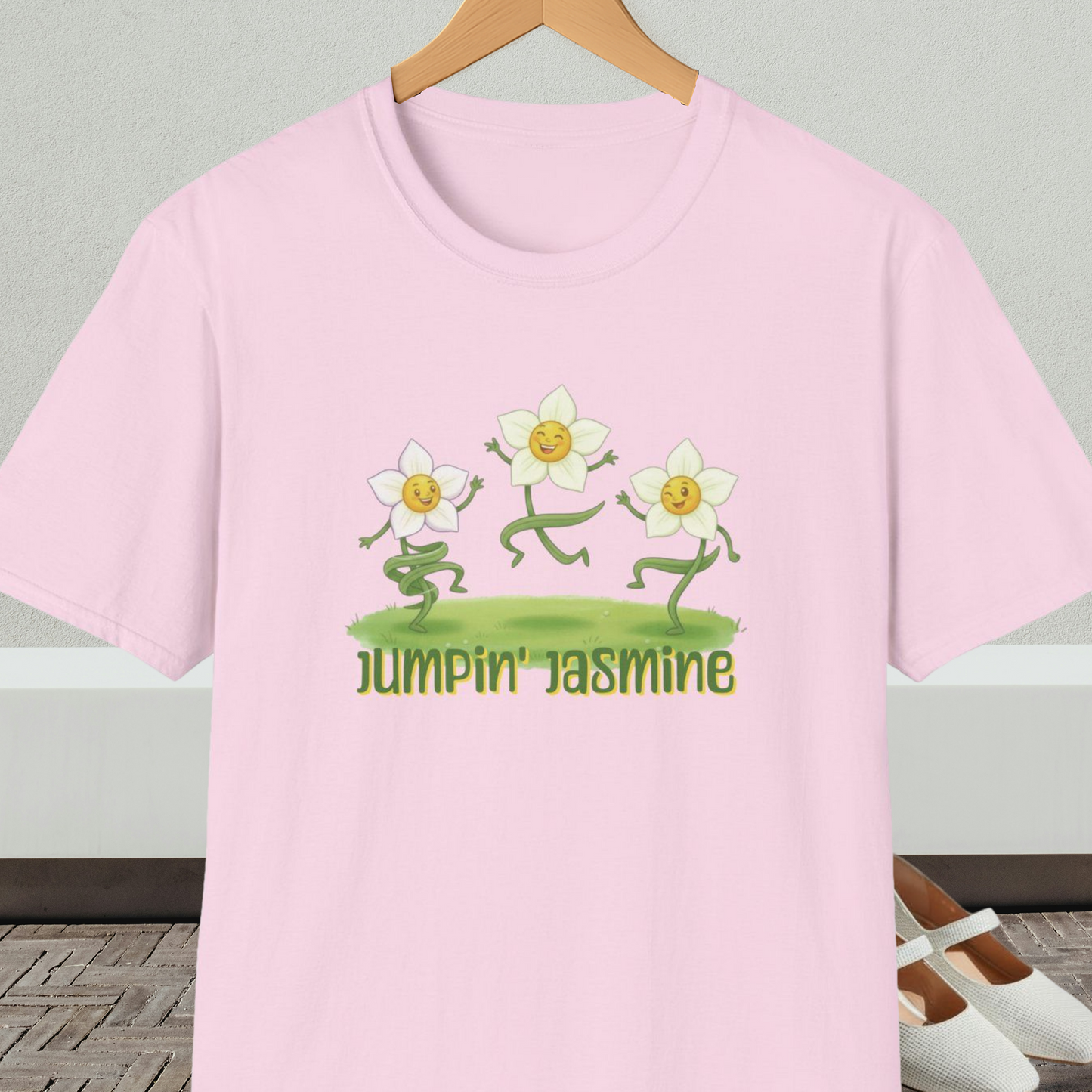 Light pink t-shirt with 'Jumpin Jasmine' design featuring cartoon dancing flowers.