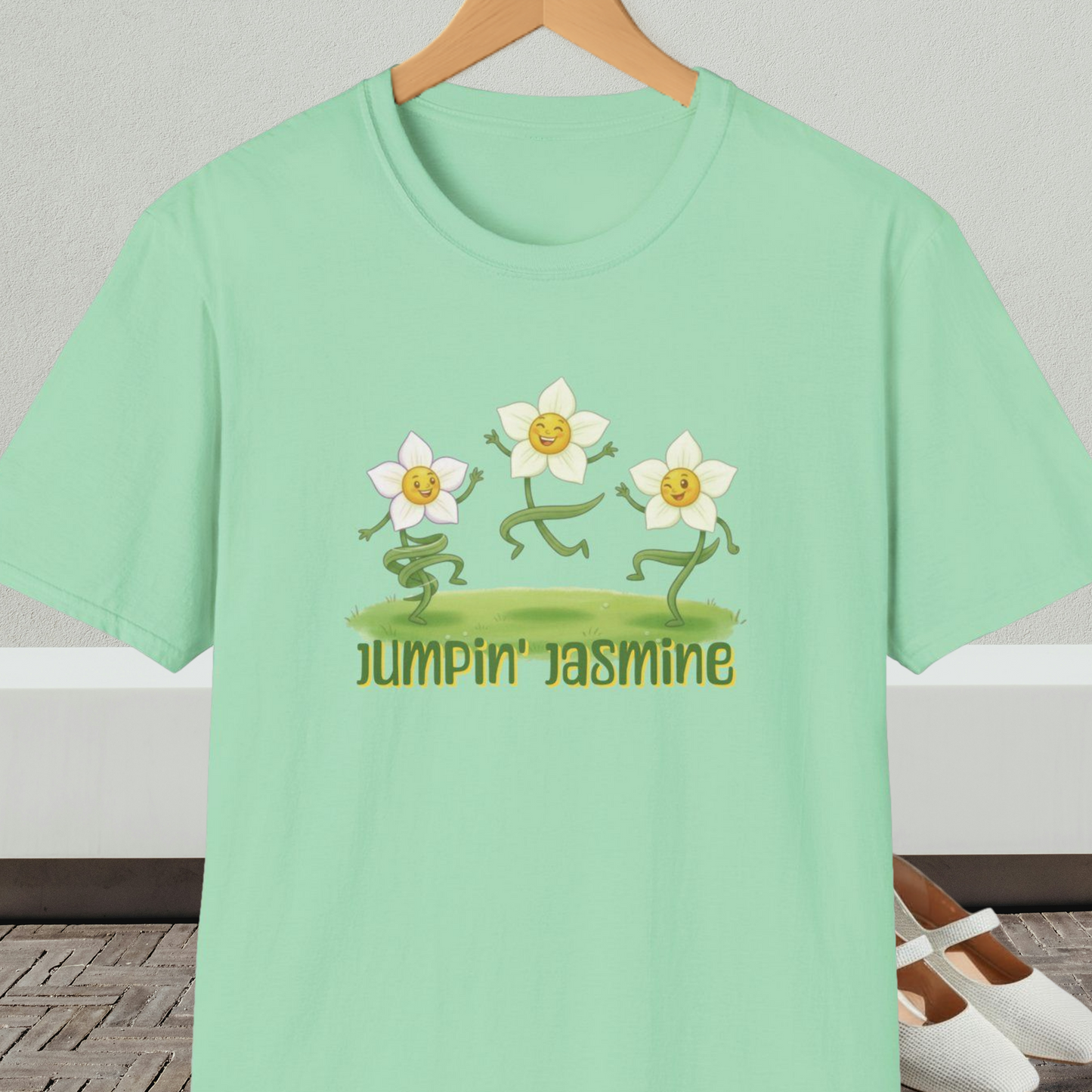 Mint green t-shirt with 'Jumpin Jasmine' design featuring cartoon dancing flowers.