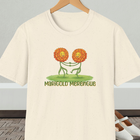 Natural beige t-shirt with 'Marigold Merengue' cartoon dancing flowers design