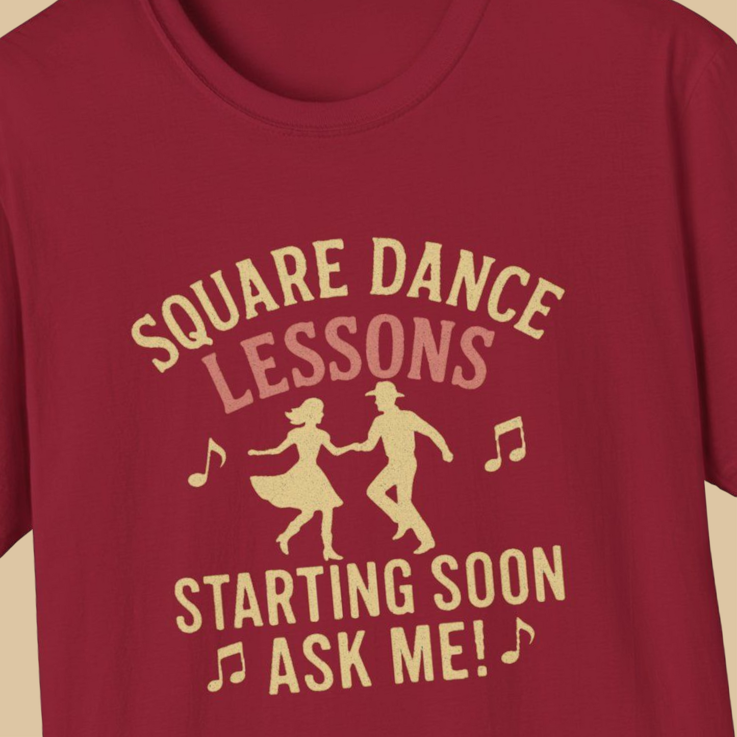 Red t-shirt with text 'Square Dance Lessons Starting Soon, Ask me!' and graphic of two dancers.