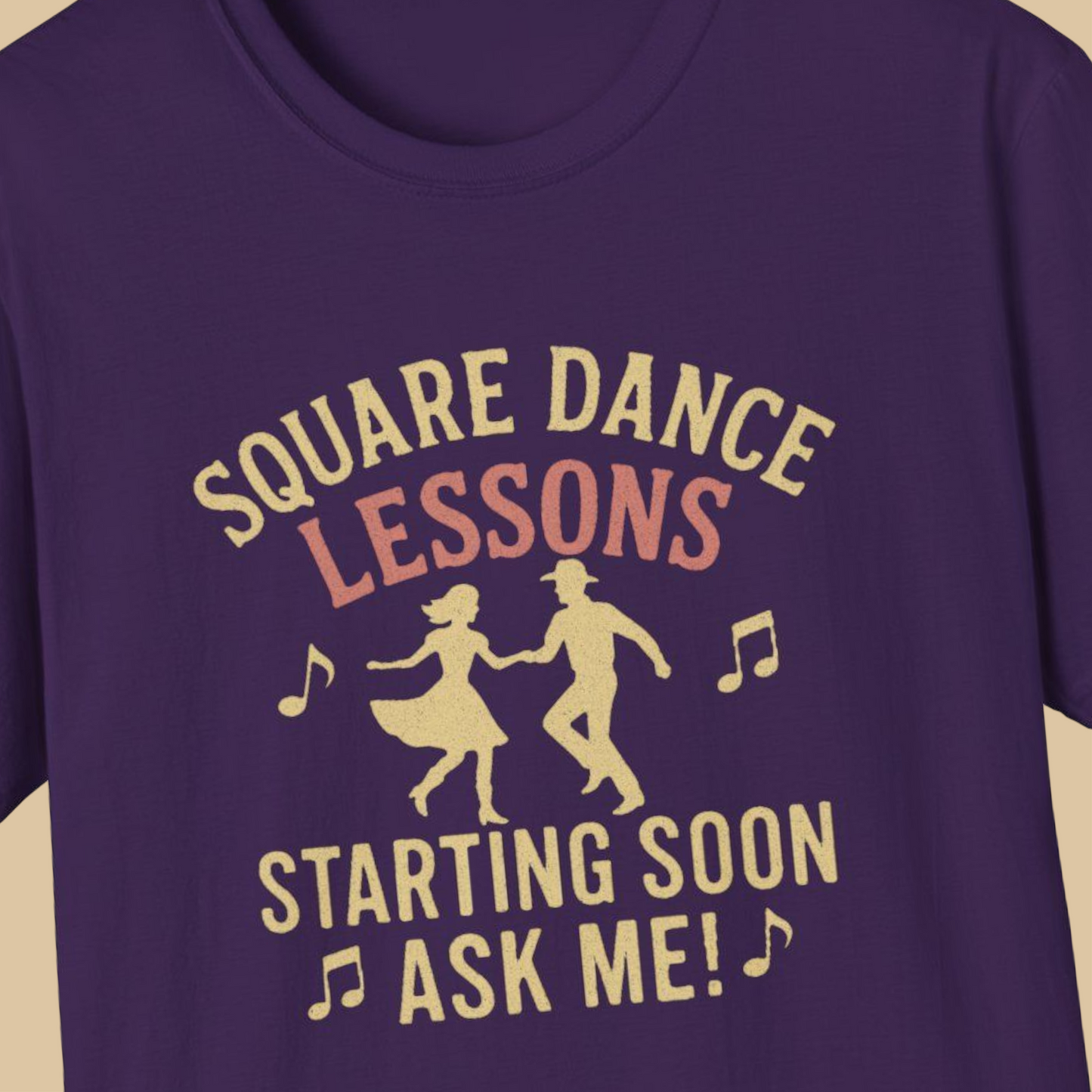 Purple t-shirt with text 'Square Dance Lessons Starting Soon, Ask me!' and graphic of two dancers.