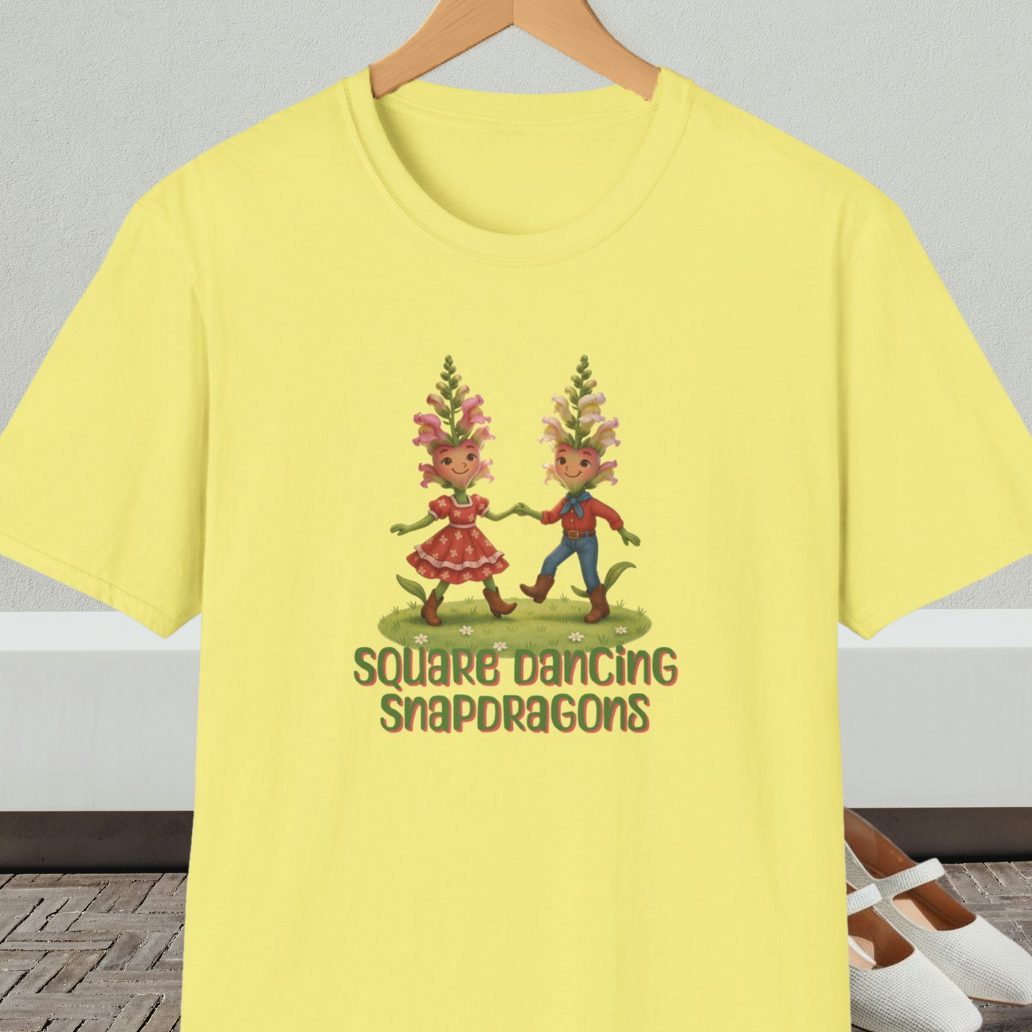 Yellow t-shirt with 'Square Dancing Snapdragons' cartoon design and text