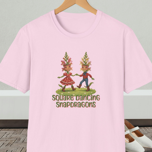 Light pink t-shirt with 'Square Dancing Snapdragons' cartoon design and text