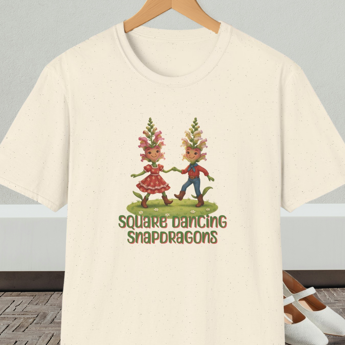 Natural beige t-shirt with 'Square Dancing Snapdragons' cartoon design and text