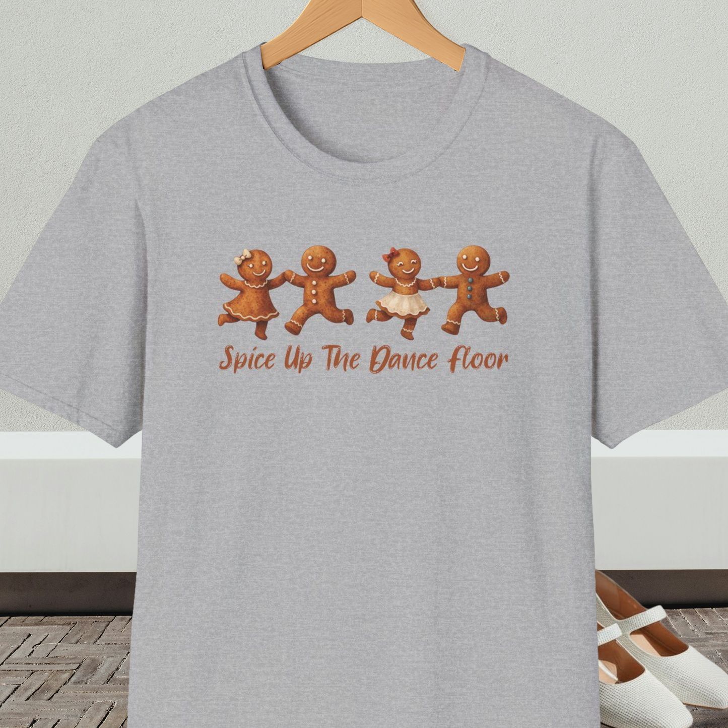 Gray tee shirt with dancing gingerbread people, with the words 'Spice Up The Dance Floor'