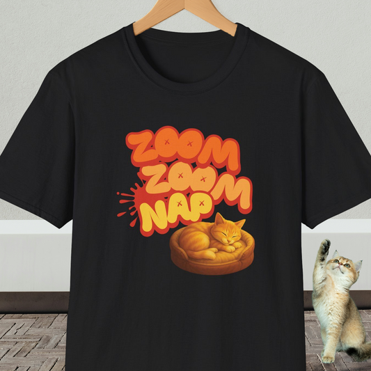 Black t-shirt with napping cat graphic and text 'Zoom Zoom Nap'
