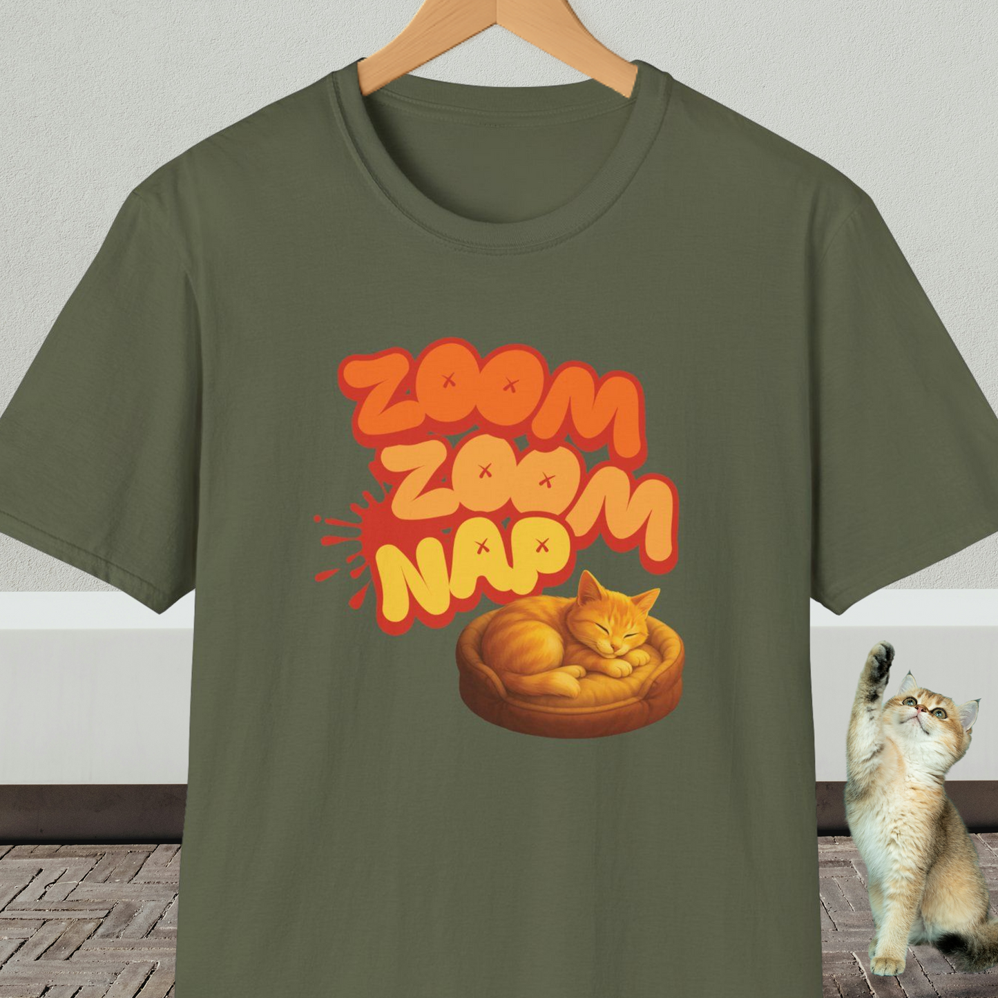 Military green t-shirt with napping cat graphic and text 'Zoom Zoom Nap'