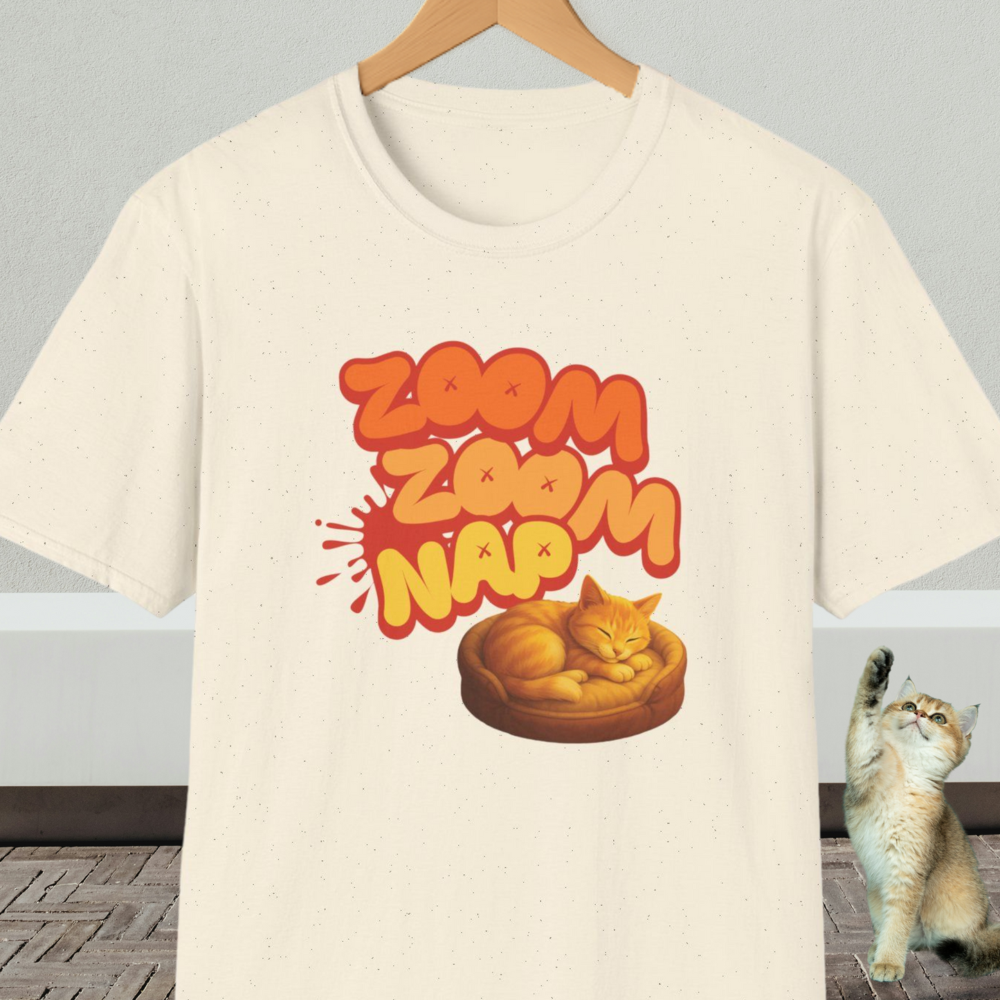 Natural beige t-shirt with napping cat graphic and text 'Zoom Zoom Nap'