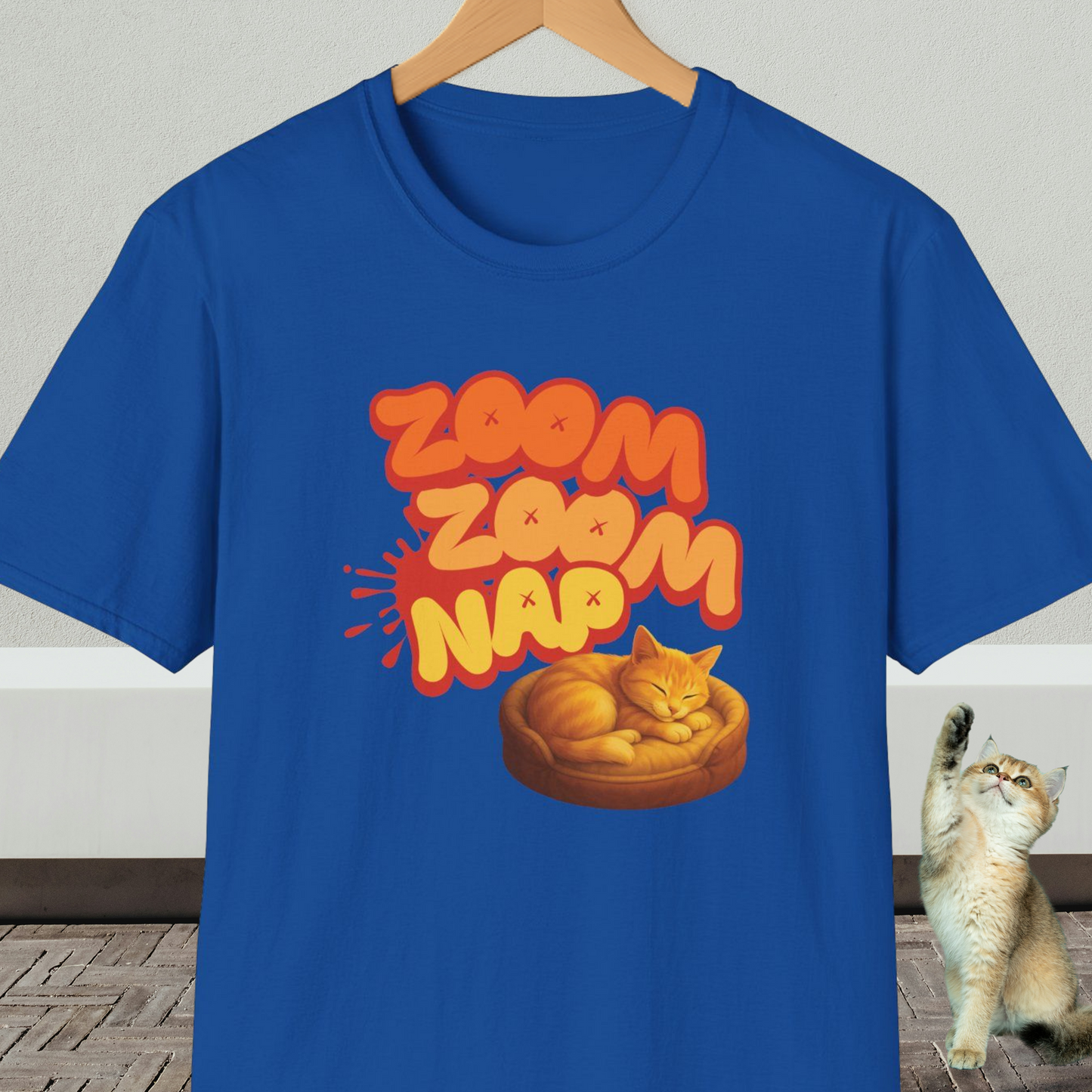 Royal blue t-shirt with napping cat graphic and text 'Zoom Zoom Nap'