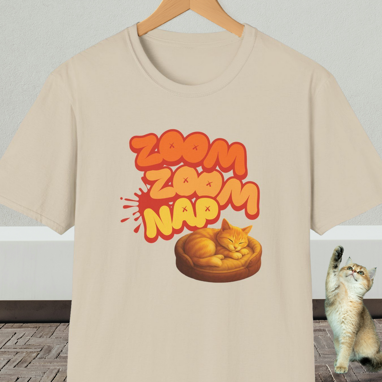 Beige t-shirt with napping cat graphic and text 'Zoom Zoom Nap'