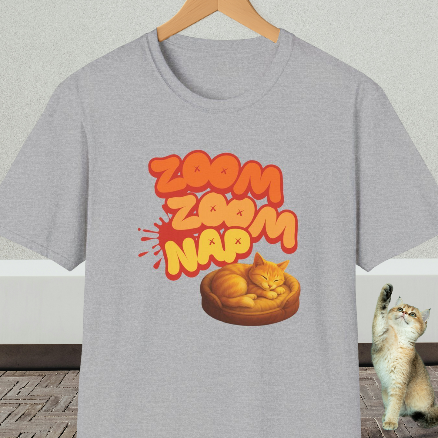 Gray t-shirt with napping cat graphic and text 'Zoom Zoom Nap'