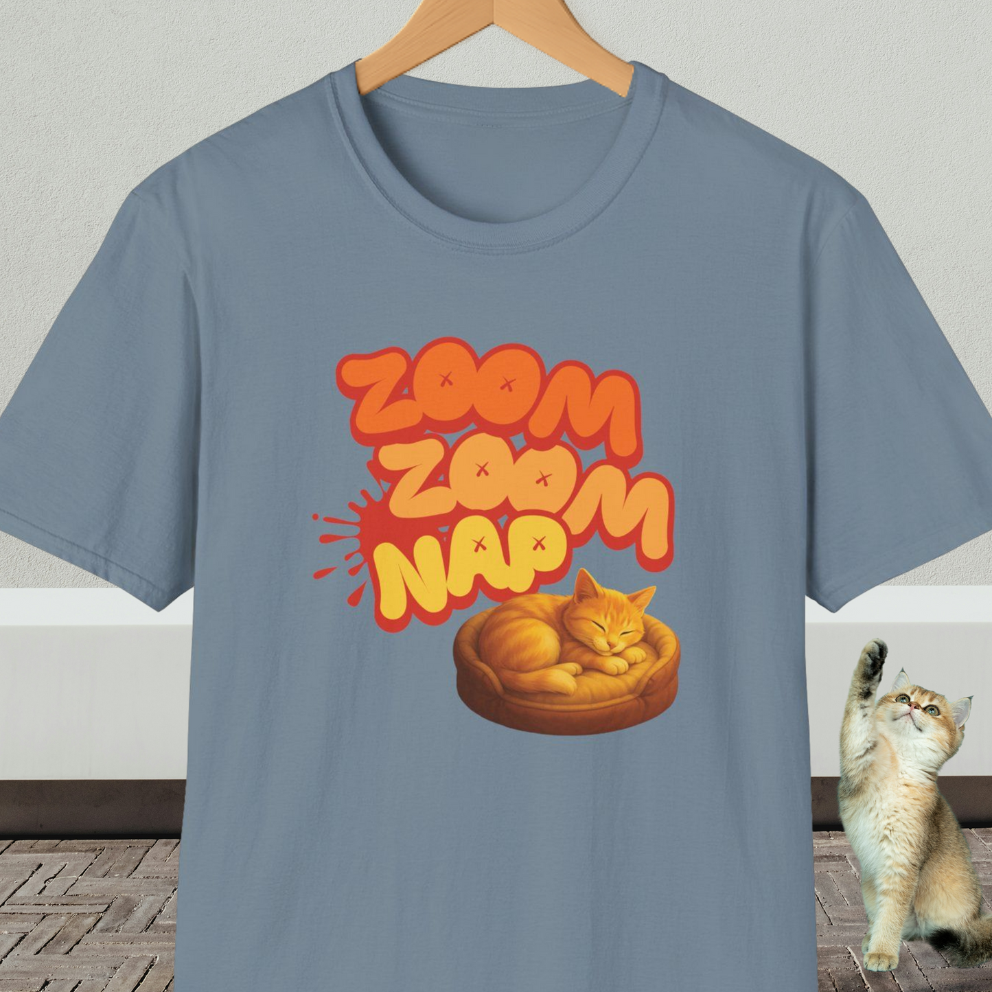 Stone blue t-shirt with napping cat graphic and text 'Zoom Zoom Nap'