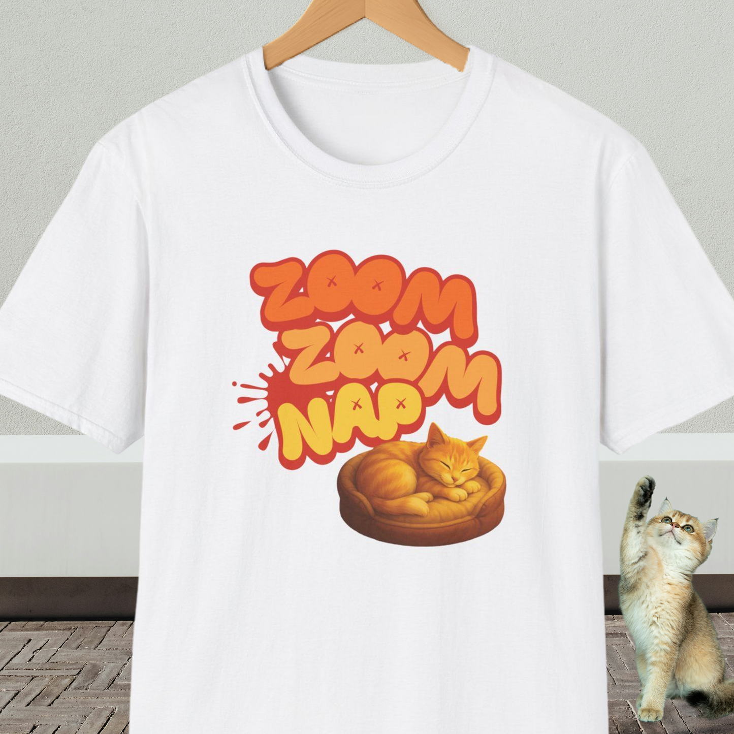 White t-shirt with napping cat graphic and text 'Zoom Zoom Nap'